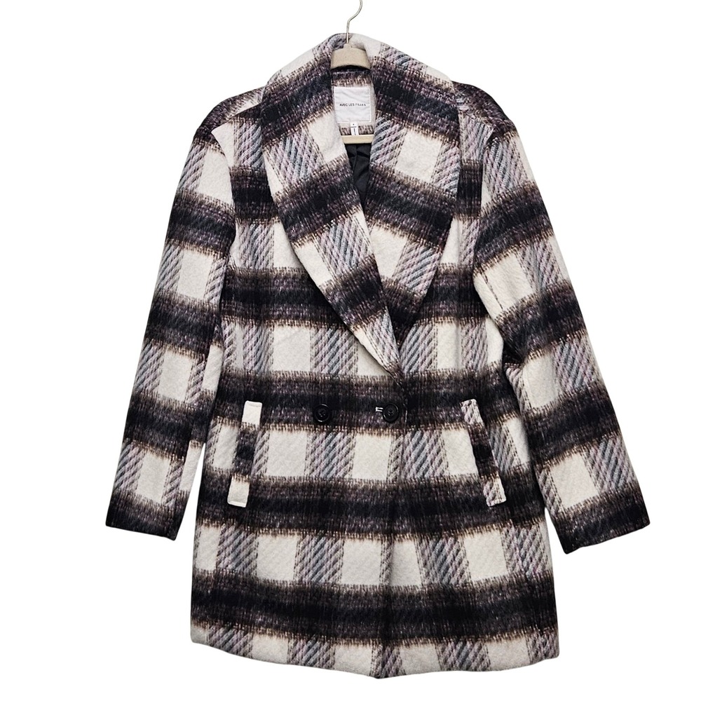 Avec Les Filles Coat Womens‎ Small Black White Plaid Wool Blend Double Breasted